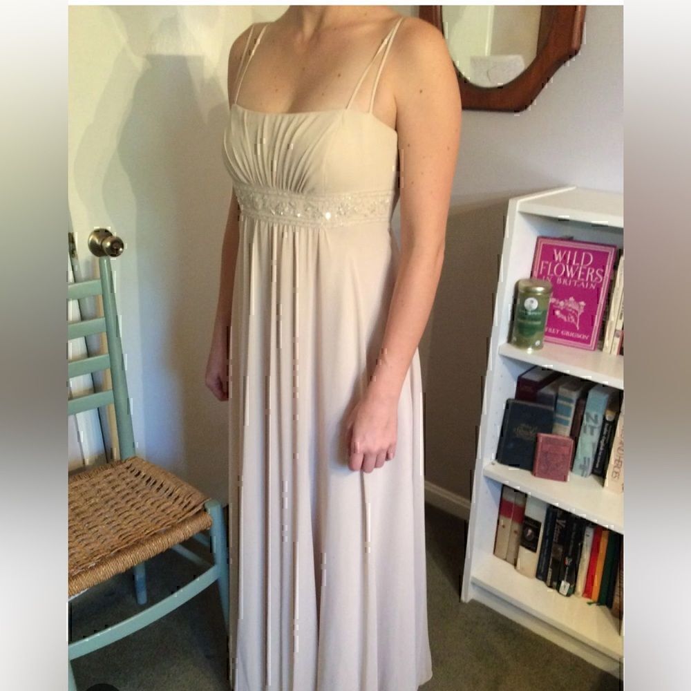 Davids Bridal Dress Womens Sz 6 Baby Doll Gown‎ chiffon beaded empire Beige Maxi